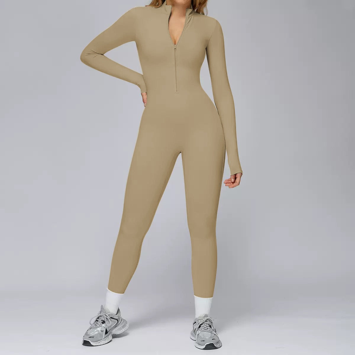 Fleece-lined Thermal Fitness Jumpsuit with Cinched Waist