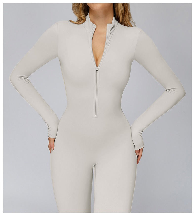 Fleece-lined Thermal Fitness Jumpsuit with Cinched Waist