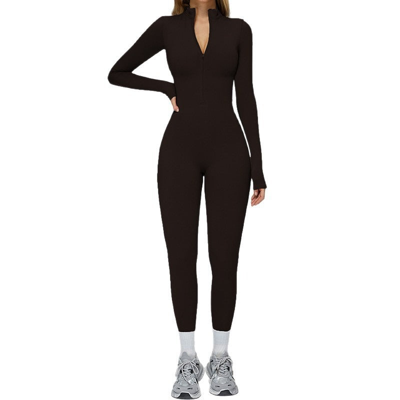 Fleece-lined Thermal Fitness Jumpsuit with Cinched Waist
